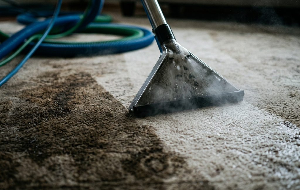 Carpet cleaning tool steaming dirt from carpet, showing clean and dirty sections