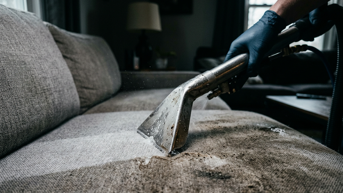 Steam cleaning a stained gray fabric sofa with specialized machine